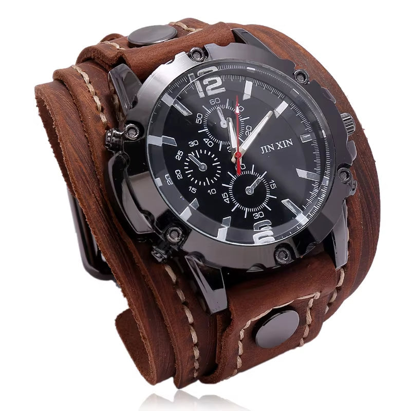 2025 Mens Quartz Wristwatch Fashion Cowhide Watchband Vintage Punk Big round Watches Men Wide Genuine Leather Bracelets Clock