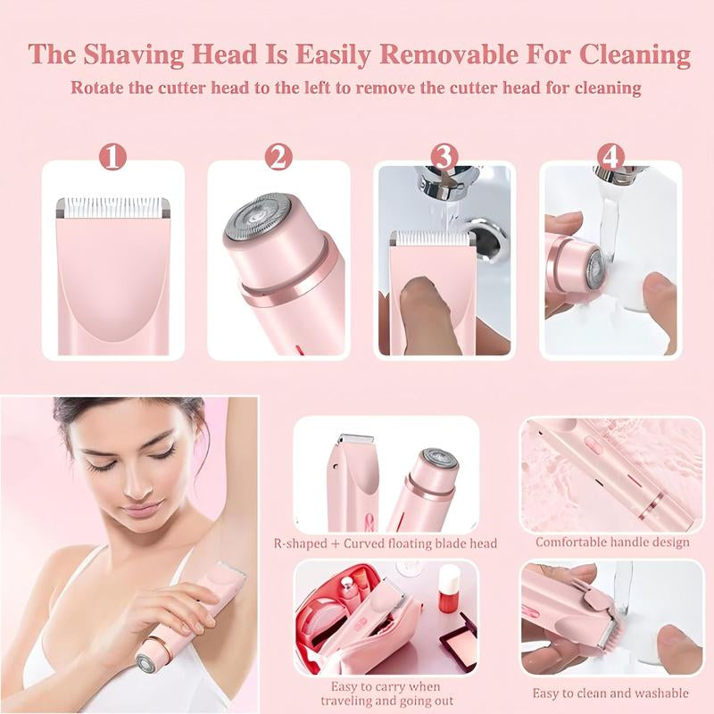 2 in 1 Electric Bikini Trimmer for Women - Dual-Head Electric Razors for Body & Facial Hair Removal, Waterproof Wet & Dry Use, Ideal Gift for Women Pink Stainless Steel