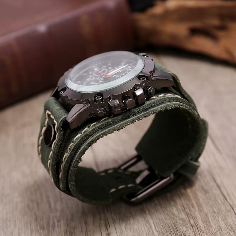 2025 Mens Quartz Wristwatch Fashion Cowhide Watchband Vintage Punk Big round Watches Men Wide Genuine Leather Bracelets Clock