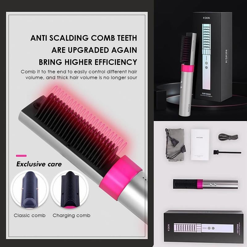 K-SKIN Pro Ionic Straightening Brush & Curler - 30S Fast Heat, 6000W Negative Ion & Wireless Charging, 6-Temp 150°F-200°F with Anti-Scald Teeth, Salon 3-Minute Styling + Fragrance Diffuser for Hydrated Silk Hair