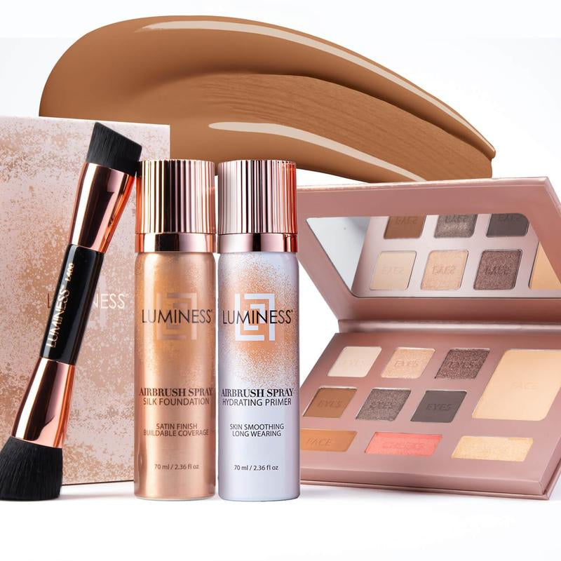 Luminess Glow up Essentials Face Time Palette 4 Piece - Tiktok Shop Exclusive - Silk Airbrush Spray Foundation & Primer Kit - Full Coverage Foundation, Anti-Aging Formula Hydrates & Moisturizes with Hyaluronic Acid, Aloe Vera & Hydrolyzed Silk