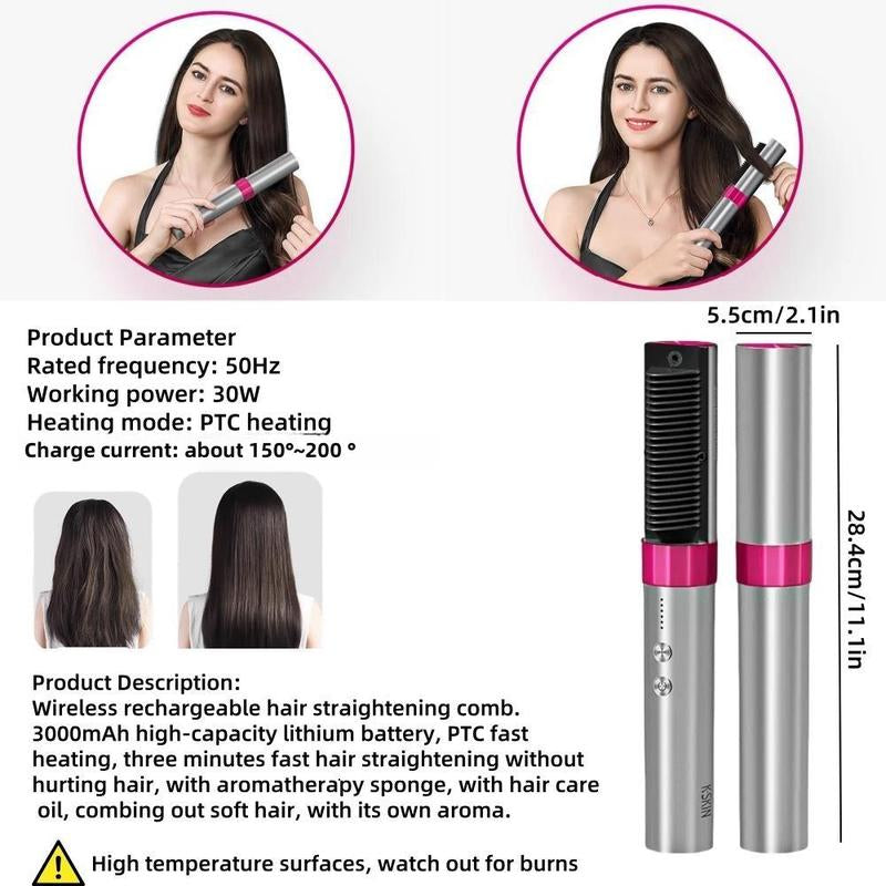 K-SKIN Pro Ionic Straightening Brush & Curler - 30S Fast Heat, 6000W Negative Ion & Wireless Charging, 6-Temp 150°F-200°F with Anti-Scald Teeth, Salon 3-Minute Styling + Fragrance Diffuser for Hydrated Silk Hair