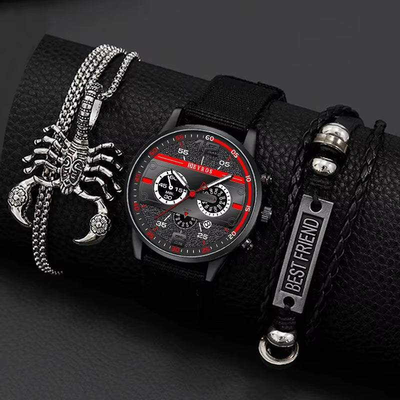 3PCS Set Fashion Mens Simple Watches Men Necklace Bracelet Nylon Quartz Watch Male Business Casual Wrist Watch