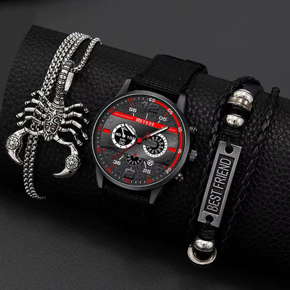 3PCS Set Fashion Mens Simple Watches Men Necklace Bracelet Nylon Quartz Watch Male Business Casual Wrist Watch