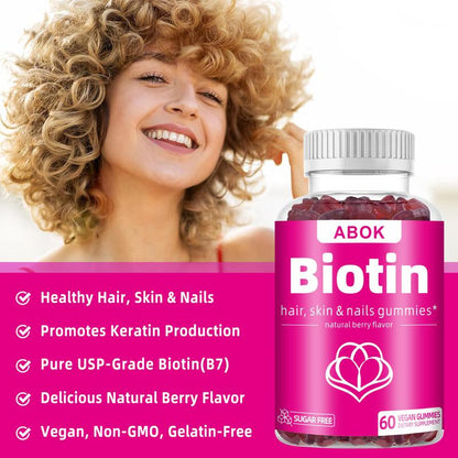 ABOK Biotin Gummies - 5000 mcg Biotin with Vitamin B Complex, Collagen, and Keratin for Healthy Hair, Skin, and Nails - 60 Count
