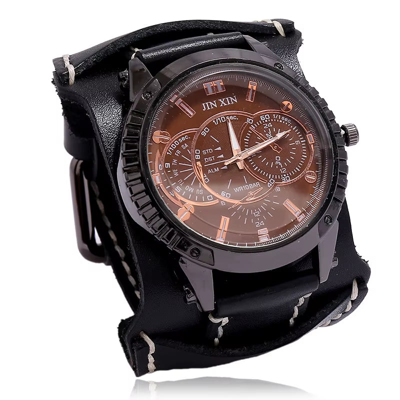 2025 Mens Quartz Wristwatch Fashion Cowhide Watchband Vintage Punk Big round Watches Men Wide Genuine Leather Bracelets Clock