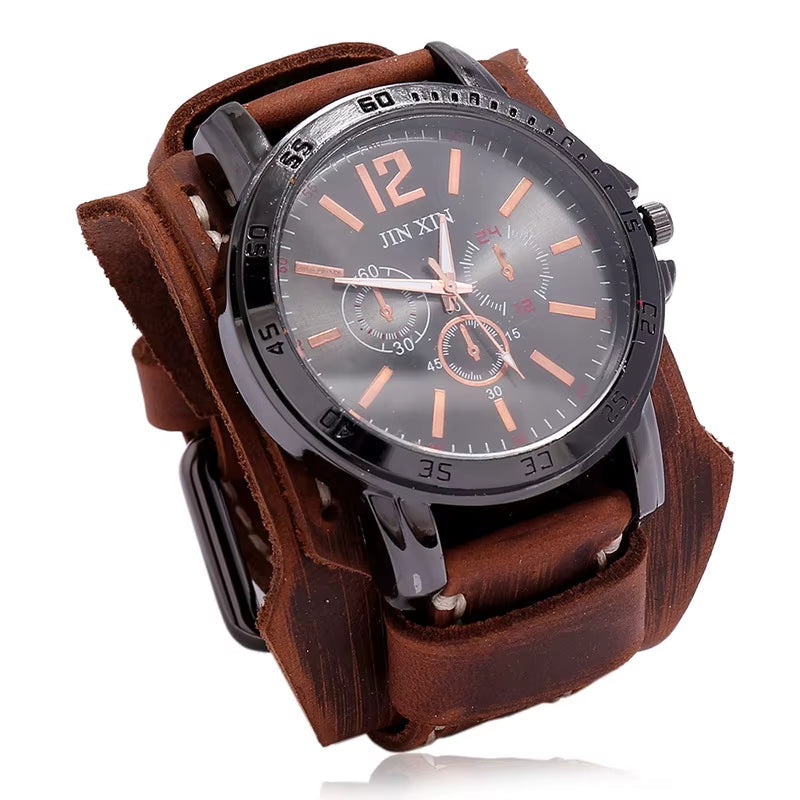 2025 Mens Quartz Wristwatch Fashion Cowhide Watchband Vintage Punk Big round Watches Men Wide Genuine Leather Bracelets Clock