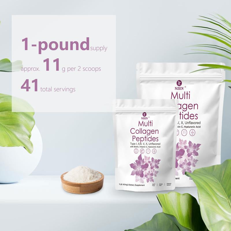 Multl Collagen Peptides Powder 1Lb/2Lb-Hydrated with Hyaluronic Acid, - Healthcare, Edible Healthcare Edible Supplement Fitness Dietary Colagen Beauty Nail Hair Hydrolyzed Collagen Peptide White