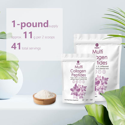 Multl Collagen Peptides Powder 1Lb/2Lb-Hydrated with Hyaluronic Acid, - Healthcare, Edible Healthcare Edible Supplement Fitness Dietary Colagen Beauty Nail Hair Hydrolyzed Collagen Peptide White