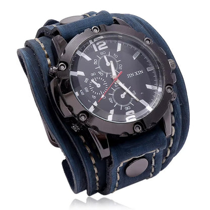 2025 Mens Quartz Wristwatch Fashion Cowhide Watchband Vintage Punk Big round Watches Men Wide Genuine Leather Bracelets Clock