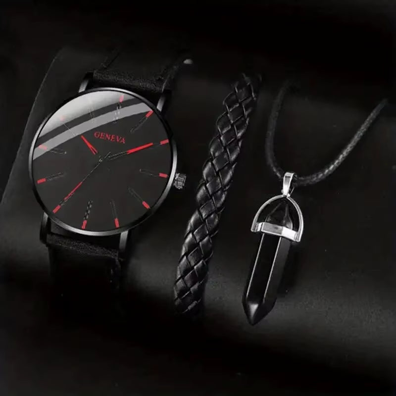 3Pcs Set Fashion Mens Watches Luxury Casual Leather Quartz Wristwatch Men Business Sports Wrist Watch Bracelet Necklace Set