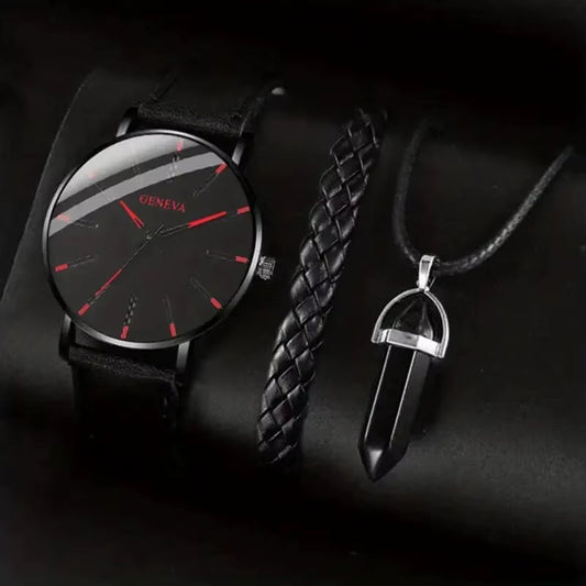 3Pcs Set Fashion Mens Watches Luxury Casual Leather Quartz Wristwatch Men Business Sports Wrist Watch Bracelet Necklace Set