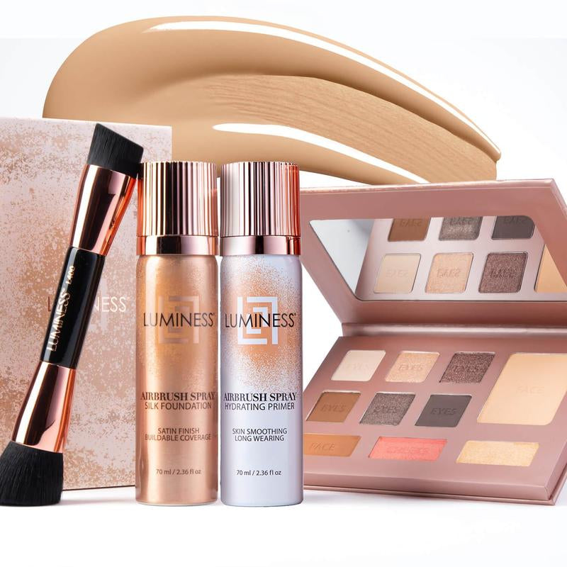 Luminess Glow up Essentials Face Time Palette 4 Piece - Tiktok Shop Exclusive - Silk Airbrush Spray Foundation & Primer Kit - Full Coverage Foundation, Anti-Aging Formula Hydrates & Moisturizes with Hyaluronic Acid, Aloe Vera & Hydrolyzed Silk