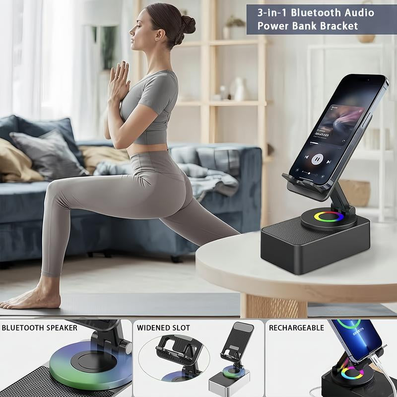 Wireless Bluetooth Speaker with Power Bank and 5-in-1 Phone Holder, Emergency Charging, Bluetooth 5.0, FM Radio, Enhanced Bass, and Call Functionality for Kitchen, Gym, Outdoor, Travel, and Parties