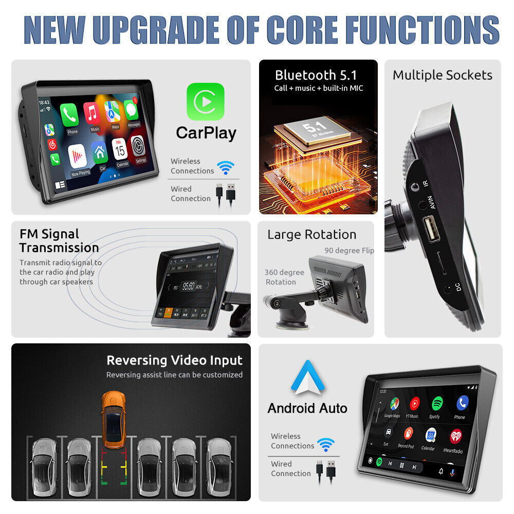 For Apple Carplay Android Auto Bluetooth Head Unit 7" Portable Car Stereo Radio