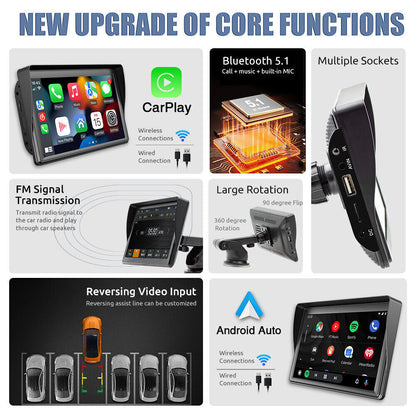 For Apple Carplay Android Auto Bluetooth Head Unit 7" Portable Car Stereo Radio
