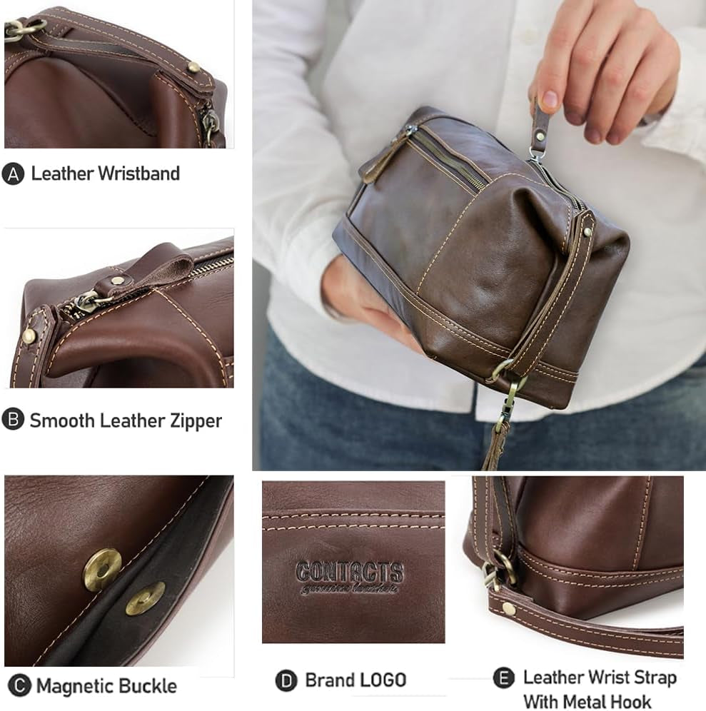 Toiletry Bag for Men Leather Travel Bathroom Shaving Dopp Kit Organizer Vintage Cosmetic Bag with Wrist Starp, Coffee, Vintage
