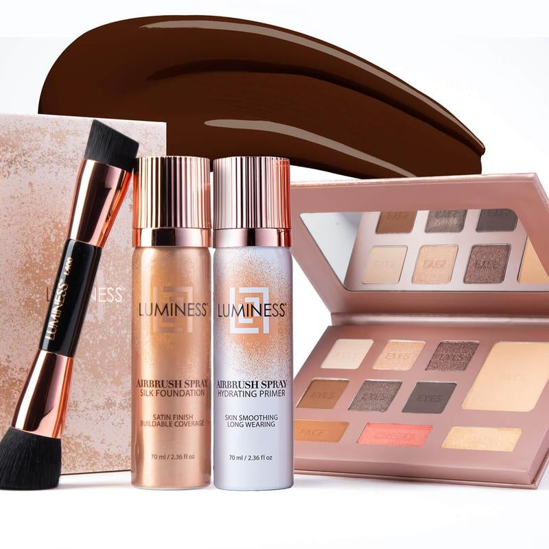 Luminess Glow up Essentials Face Time Palette 4 Piece - Tiktok Shop Exclusive - Silk Airbrush Spray Foundation & Primer Kit - Full Coverage Foundation, Anti-Aging Formula Hydrates & Moisturizes with Hyaluronic Acid, Aloe Vera & Hydrolyzed Silk