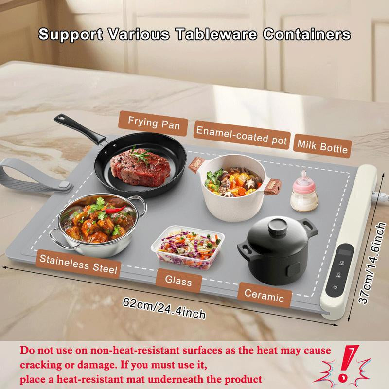 Enhanced Food Warming Mat with 6 Temperature Settings and 6-Hour Timer, Full Surface Heating, Portable Silicone Warmer for Holiday Events and Buffets