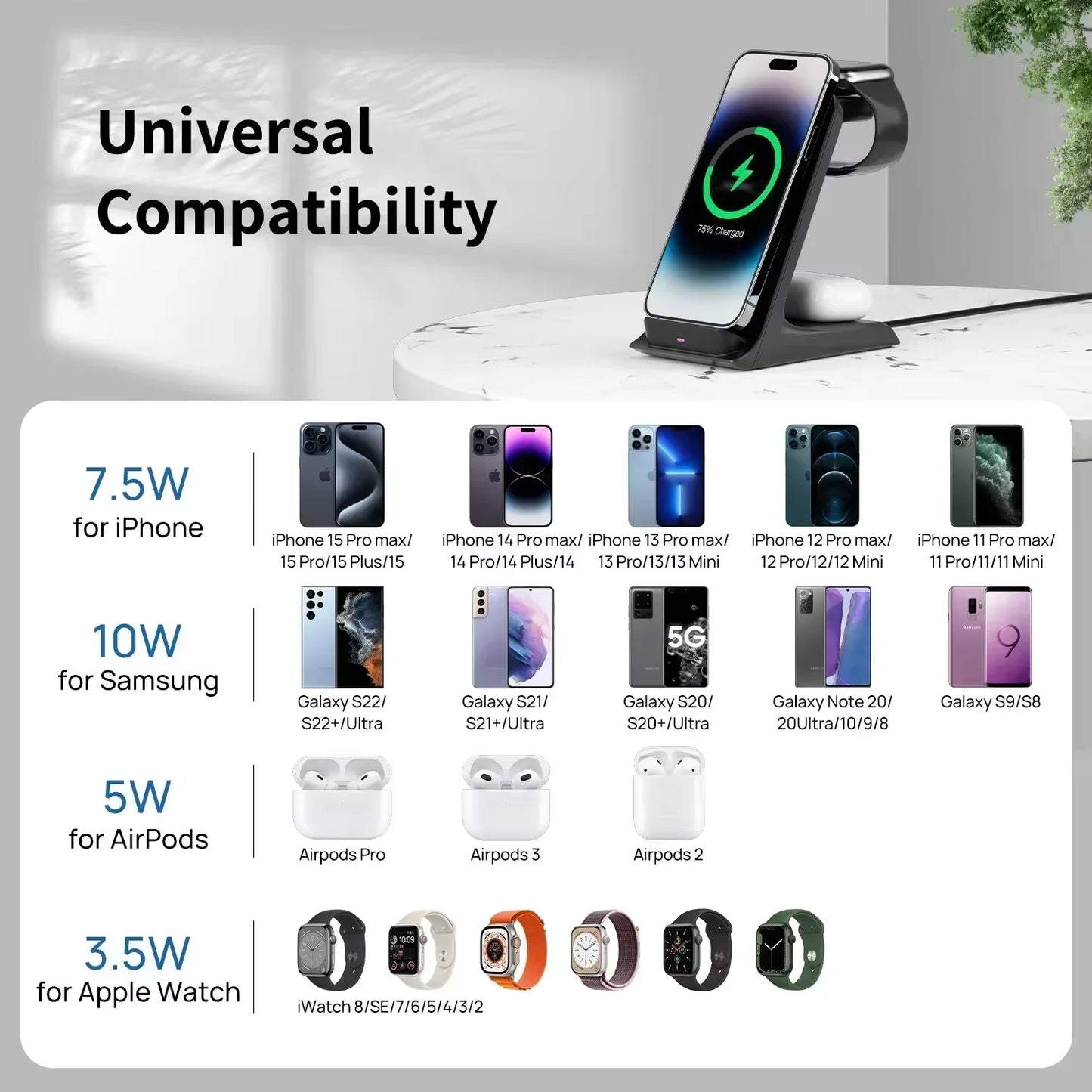 3-in-1 Wireless Charging Stand - Fast Charging Station for iPhone 16/15/14/13 Pro Max, Apple Watch Series 9/8/7/6/5, and AirPods 3/2
