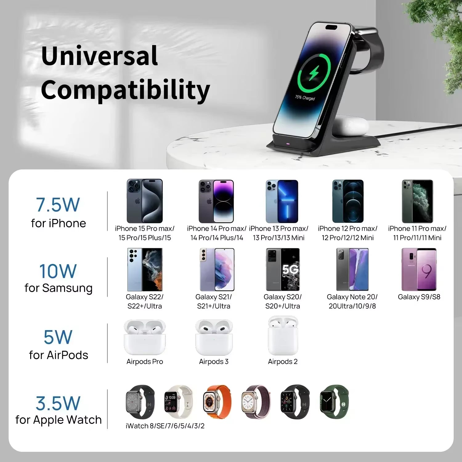 3-in-1 Wireless Charging Stand - Fast Charging Station for iPhone 16/15/14/13 Pro Max, Apple Watch Series 9/8/7/6/5, and AirPods 3/2