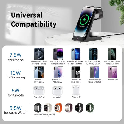 3-in-1 Wireless Charging Stand - Fast Charging Station for iPhone 16/15/14/13 Pro Max, Apple Watch Series 9/8/7/6/5, and AirPods 3/2