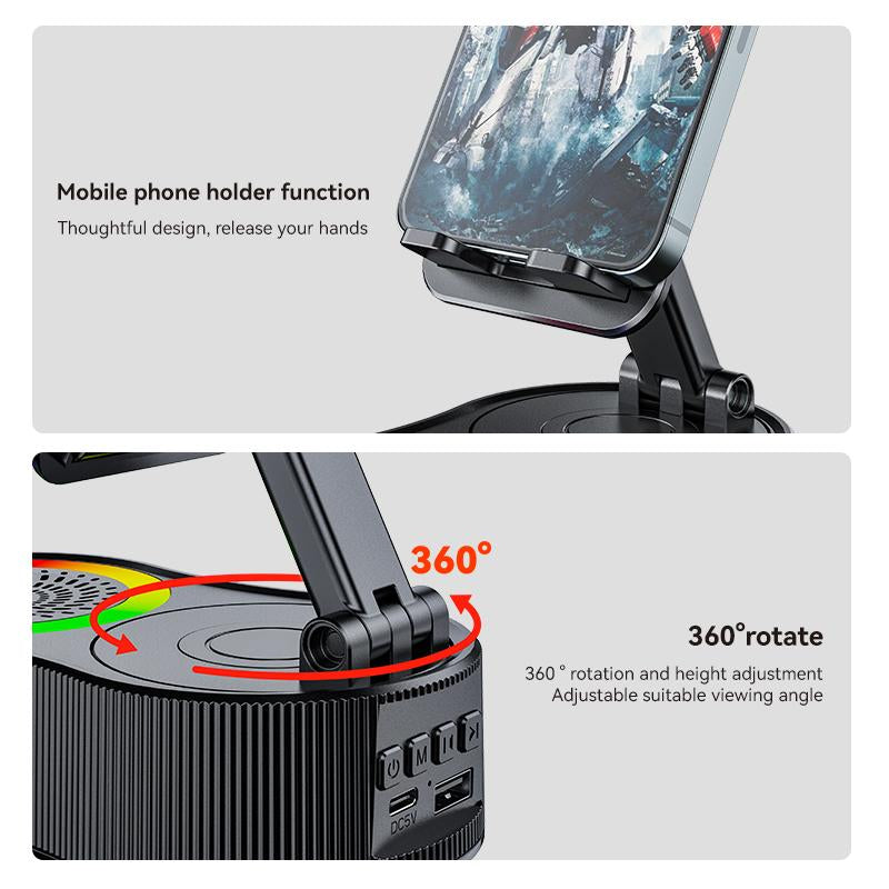 4-in-1 Wireless Bluetooth Speaker with 360° Rotating Mount, Emergency Power Bank (1500mAh), LED Desktop Phone Stand, Bluetooth 5.0 FM HD, Wireless Stereo Pairing for Home, Outdoor, and Travel Use
