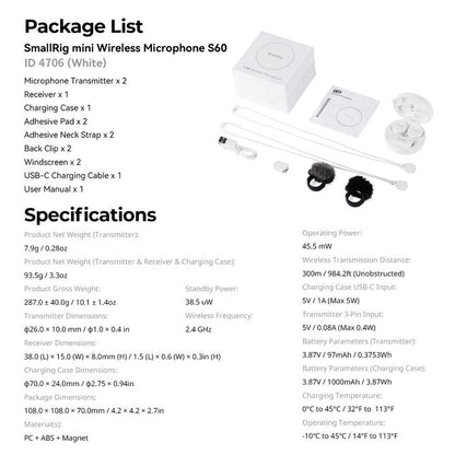 Smallrig S60 USB-C Wireless Mini Microphone Pro Kit with Magnetic Clip for iPhone 15/16 Pro & Android - 44-Hour Studio Sound with Noise Cancelling, Compact and Lightweight Lavalier Microphone with Charging Case and Receiver for Content Creation