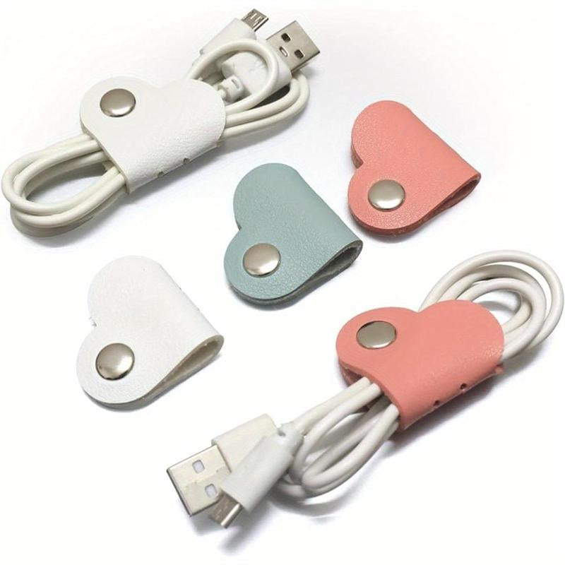 Heart-Shaped Cord Organizer Set in Assorted Colors, 5-Piece PU Leather Earphone and Headphone Cable Management for Home, Office, and School Desks
