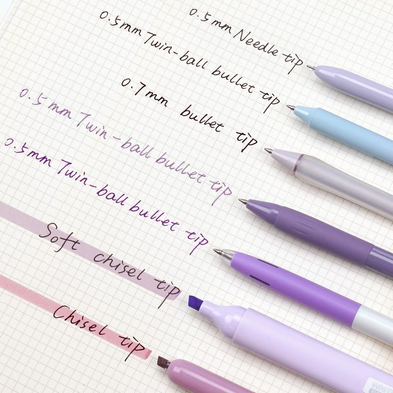 WRITECH Aesthetic Purple Gel Pens and Highlighters Set - Assorted Pastel Ink, 0.5mm Fine Point, Retractable 0.7mm Black Pen, 7 Count Multifunctional Stationery