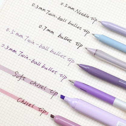 WRITECH Aesthetic Purple Gel Pens and Highlighters Set - Assorted Pastel Ink, 0.5mm Fine Point, Retractable 0.7mm Black Pen, 7 Count Multifunctional Stationery