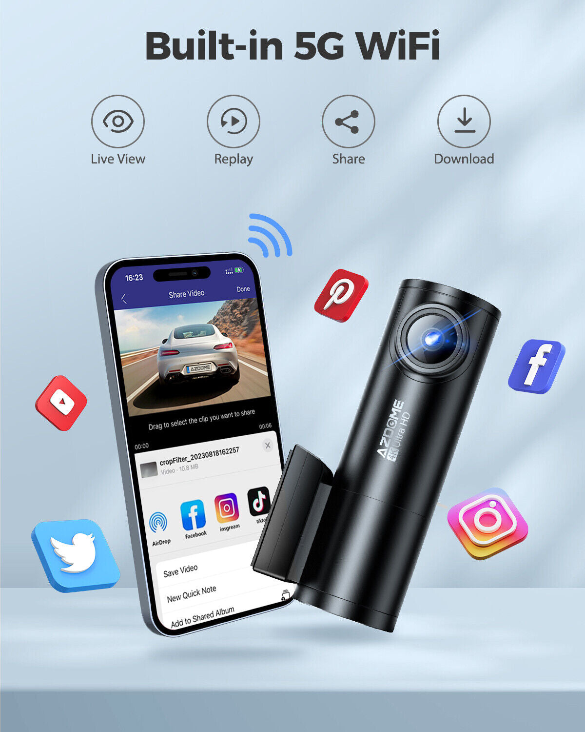 AZDOME 4K+1080P Dual Dashcam 5Gwifi GPS Front and Rear Recorder Camera Free Card