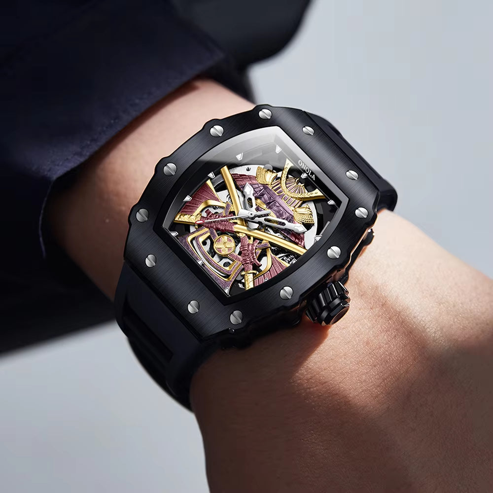 Automatic Movement Mechanical Watches for Men Fashion Black-Warrior Hollow High Quality Waterproof Mens Watch Reloj Hombre