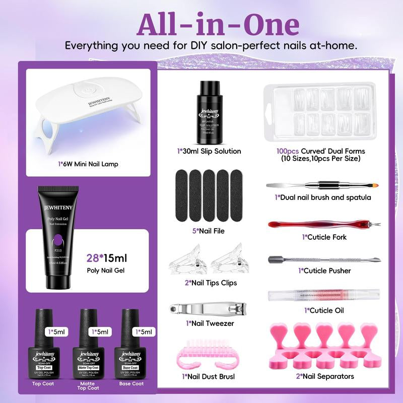 JEWHITENY 28 Colors Poly Gel Nail Kit Nude Gray Black Grey Blue Yellow Purple Glitter All in One Starter Kit Poly Extension Gel Nail Kit with Nail Lamp Base Top Coat Builder Gel Nail Kit