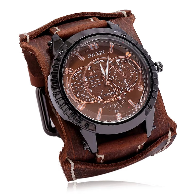 2025 Mens Quartz Wristwatch Fashion Cowhide Watchband Vintage Punk Big round Watches Men Wide Genuine Leather Bracelets Clock