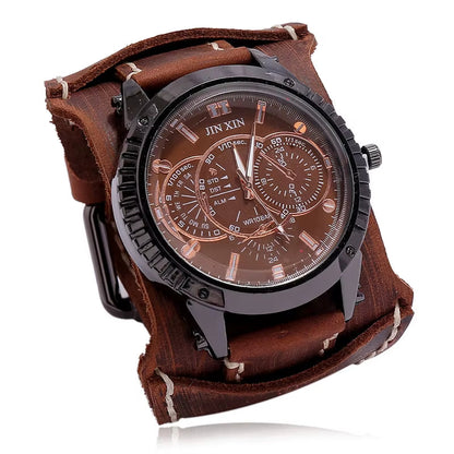 2025 Mens Quartz Wristwatch Fashion Cowhide Watchband Vintage Punk Big round Watches Men Wide Genuine Leather Bracelets Clock
