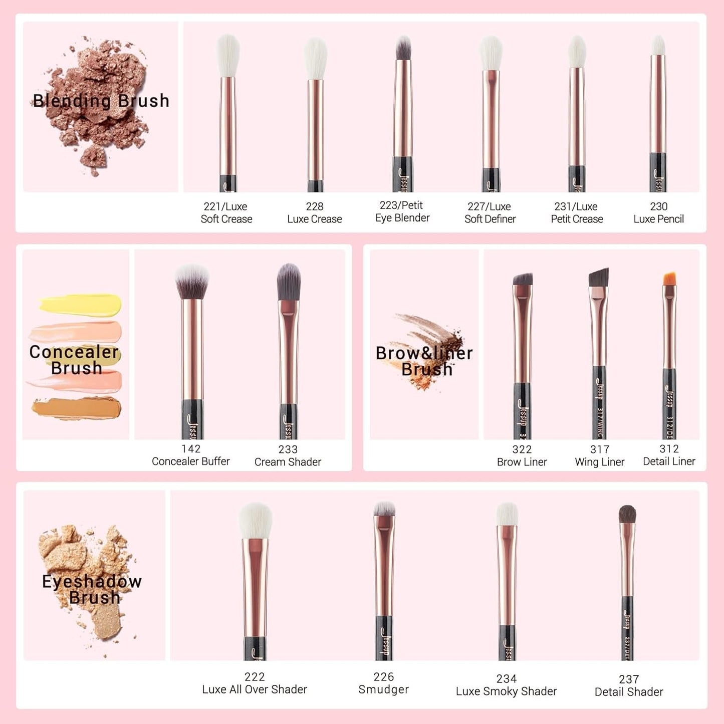 15Pcs Professional Makeup Brushes Set Make up Brush Tools Kit Cosmetics Tools Eye Liner Shader Wood Handle Natural-Synthetic Hair Brushes (Pearl Black/Rose Gold), T157