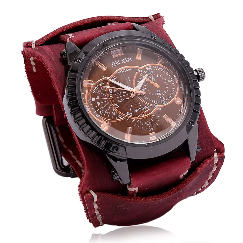 2025 Mens Quartz Wristwatch Fashion Cowhide Watchband Vintage Punk Big round Watches Men Wide Genuine Leather Bracelets Clock