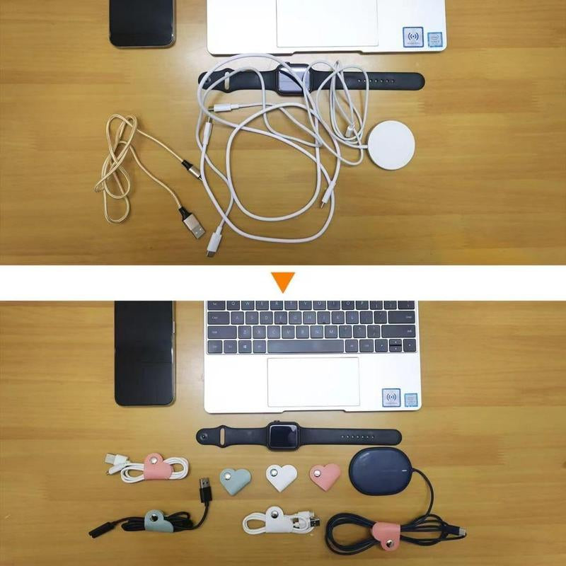 Heart-Shaped Cord Organizer Set in Assorted Colors, 5-Piece PU Leather Earphone and Headphone Cable Management for Home, Office, and School Desks