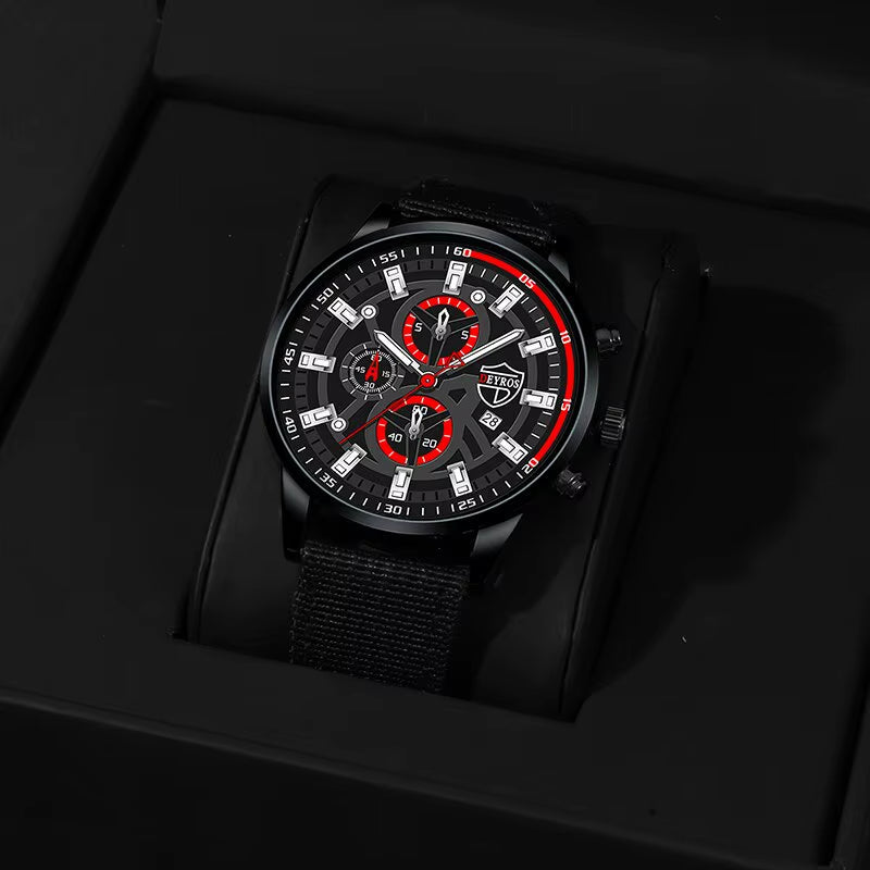 3PCS Set Fashion Mens Simple Watches Men Necklace Bracelet Nylon Quartz Watch Male Business Casual Wrist Watch
