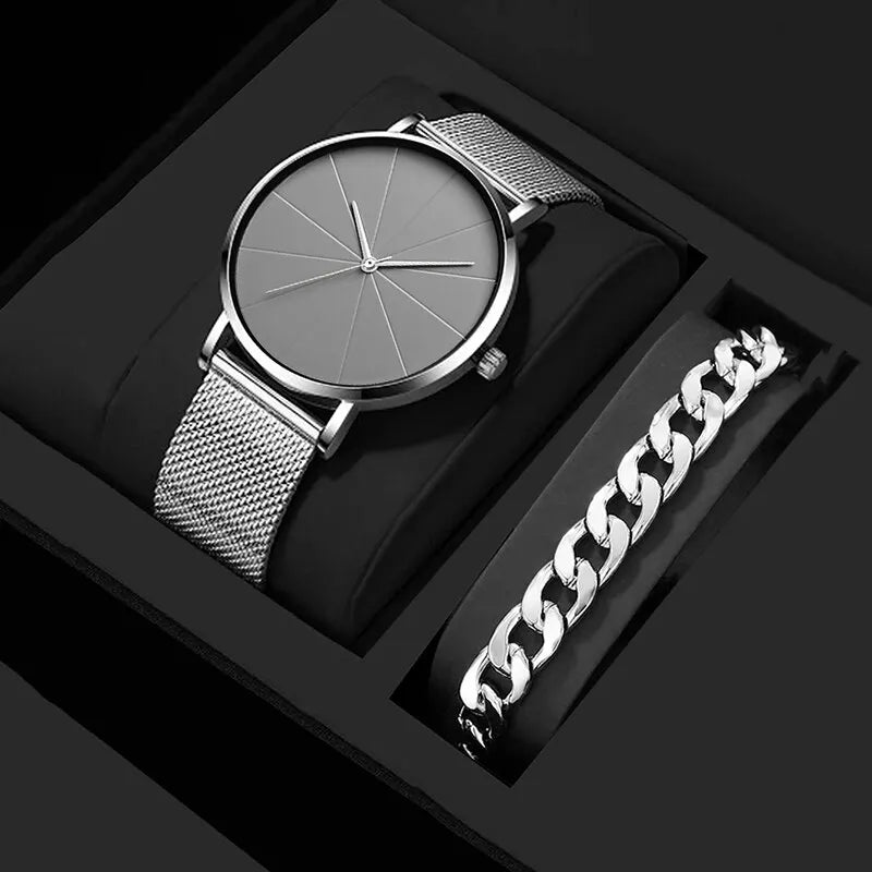 Mens Fashion Business Quartz Wristwatch Fashion Calendar Men Watch Mesh Belt Men Luxury Silver Bracelet Watches