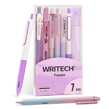 WRITECH Aesthetic Purple Gel Pens and Highlighters Set - Assorted Pastel Ink, 0.5mm Fine Point, Retractable 0.7mm Black Pen, 7 Count Multifunctional Stationery