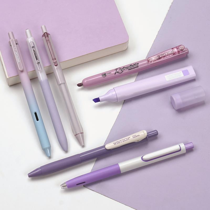 WRITECH Aesthetic Purple Gel Pens and Highlighters Set - Assorted Pastel Ink, 0.5mm Fine Point, Retractable 0.7mm Black Pen, 7 Count Multifunctional Stationery