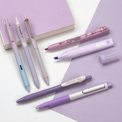 WRITECH Aesthetic Purple Gel Pens and Highlighters Set - Assorted Pastel Ink, 0.5mm Fine Point, Retractable 0.7mm Black Pen, 7 Count Multifunctional Stationery