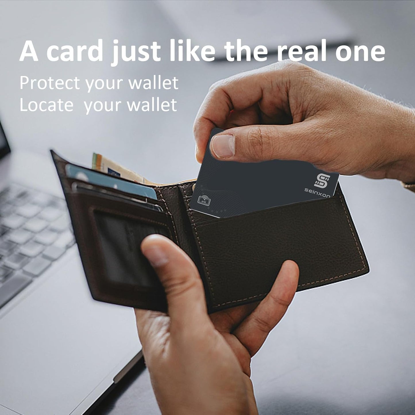 RFID Blocking Wallet Finder and Item Tracker with Rechargeable Clip, Compatible with Apple Find My App (iOS Only), Grey, IP68 Rating