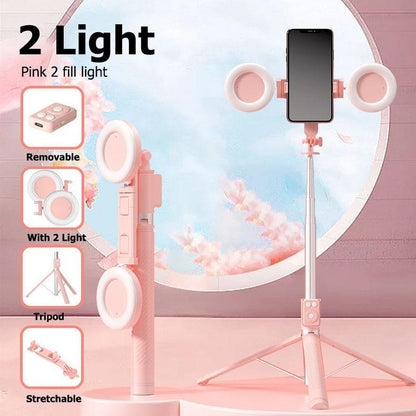 Dual Fill Light Selfie Stick Tripod with Wireless Bluetooth Remote Control - 6-in-1 Retractable Travel Accessory for iPhone and Android Smartphones