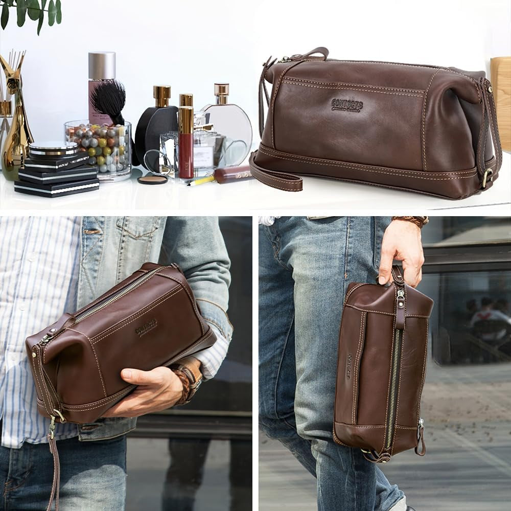 Toiletry Bag for Men Leather Travel Bathroom Shaving Dopp Kit Organizer Vintage Cosmetic Bag with Wrist Starp, Coffee, Vintage