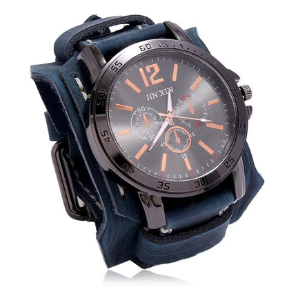 2025 Mens Quartz Wristwatch Fashion Cowhide Watchband Vintage Punk Big round Watches Men Wide Genuine Leather Bracelets Clock