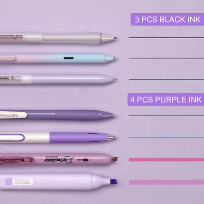 WRITECH Aesthetic Purple Gel Pens and Highlighters Set - Assorted Pastel Ink, 0.5mm Fine Point, Retractable 0.7mm Black Pen, 7 Count Multifunctional Stationery