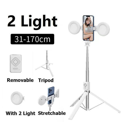 Dual Fill Light Selfie Stick Tripod with Wireless Bluetooth Remote Control - 6-in-1 Retractable Travel Accessory for iPhone and Android Smartphones